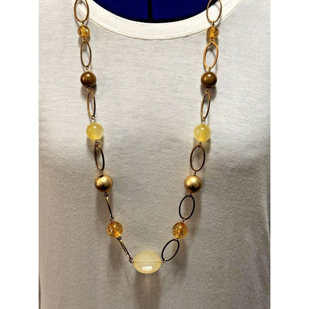Vintage Gold Tone Long Station Necklace Mixed Resin Beads Retro 36 Inch